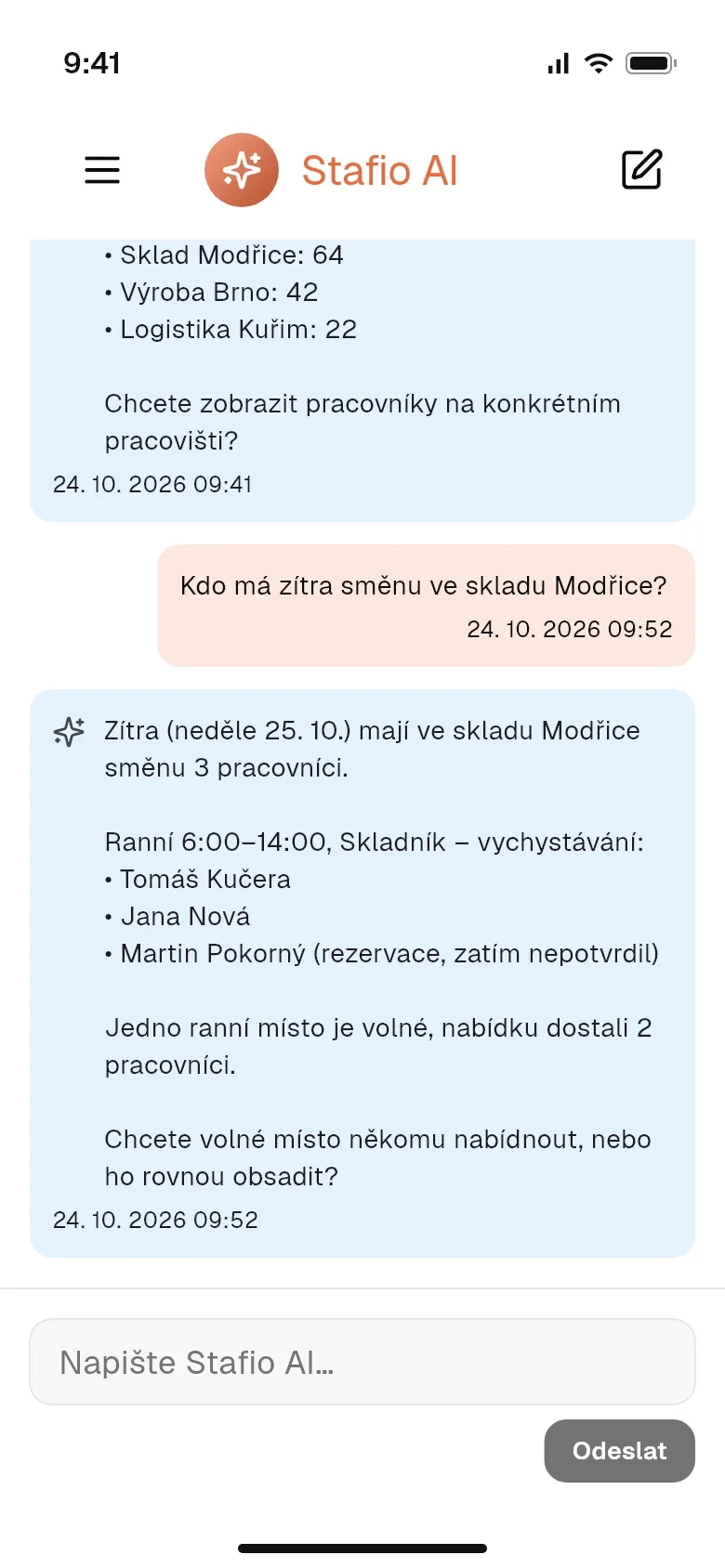 Stafio AI v mobilní aplikaci: kdo má zítra směnu ve skladu a jedno volné místo