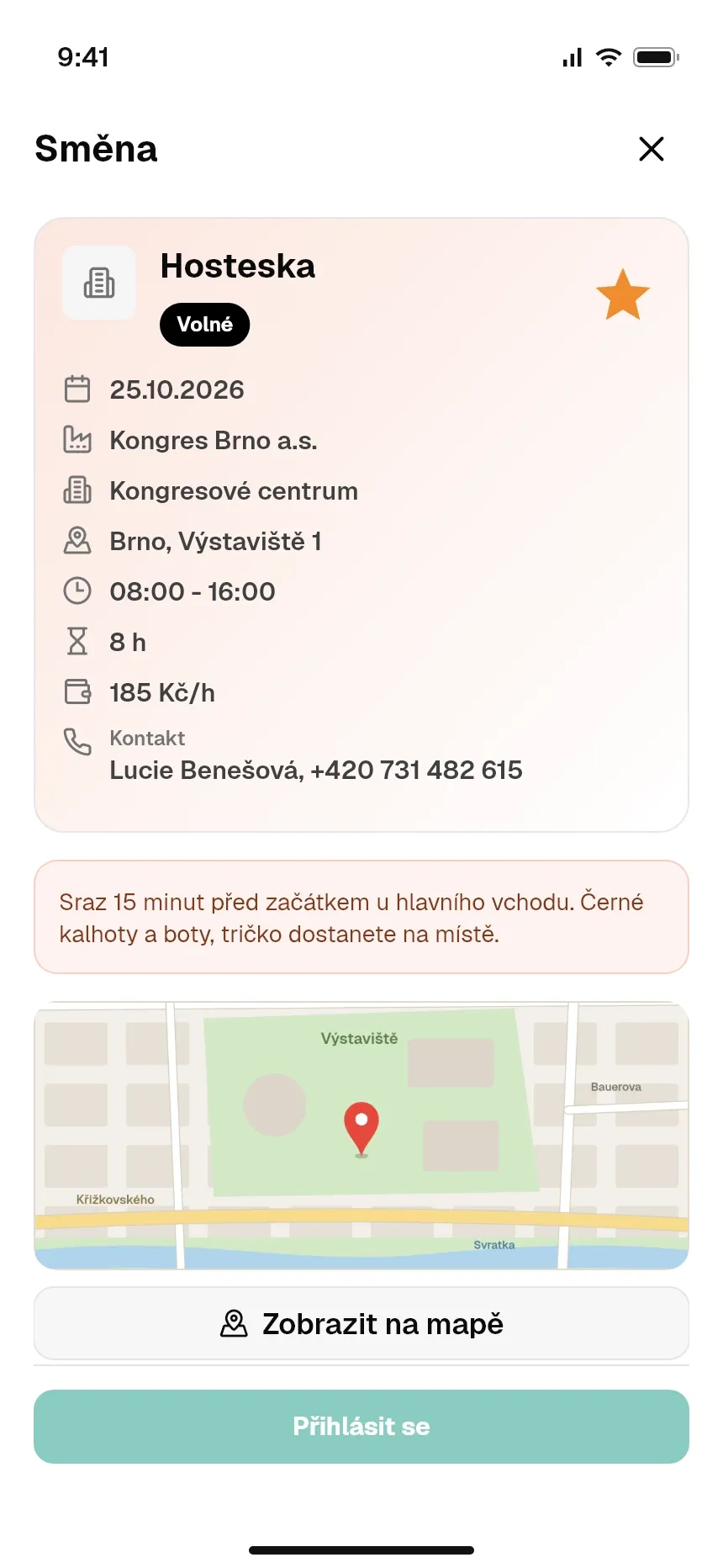 Detail směny s místem, časem, pokyny a tlačítkem Přihlásit se