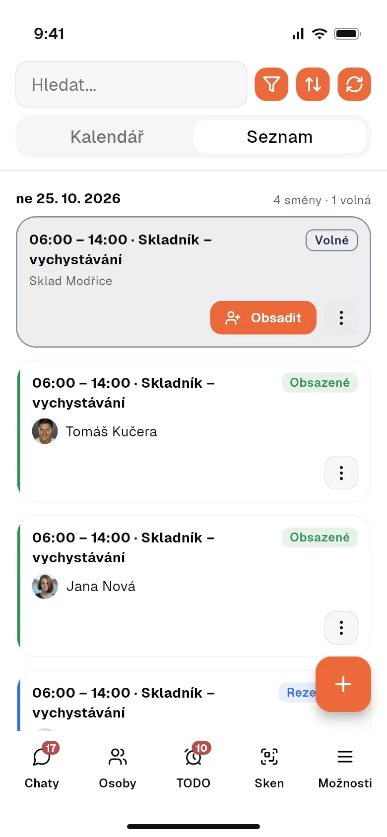 Seznam směn s obsazenými, rezervovanými a volnými místy
