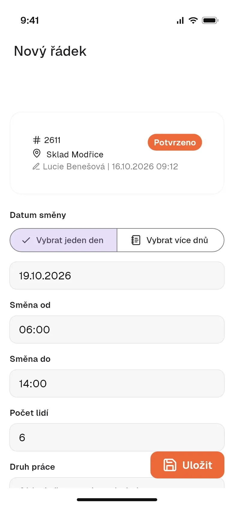 Formulář nové objednávky s datem, časem a počtem lidí
