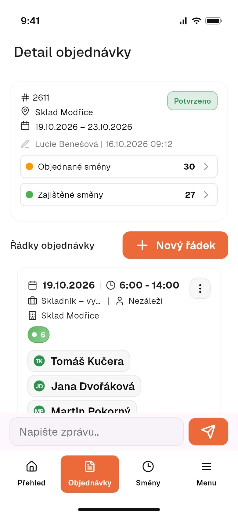 Detail objednávky s řádky a jmény přidělených brigádníků