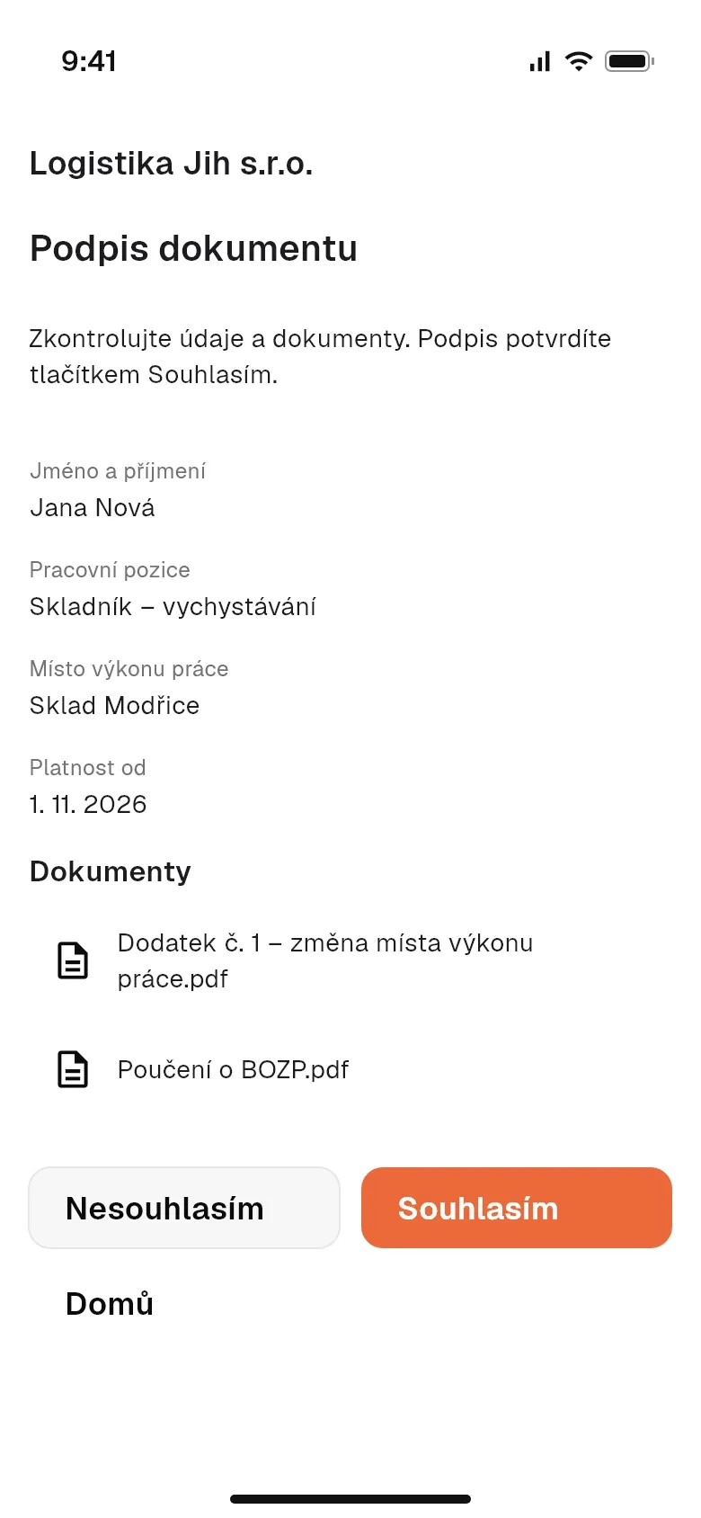 Dokument k vyplnění a podpisu v mobilu