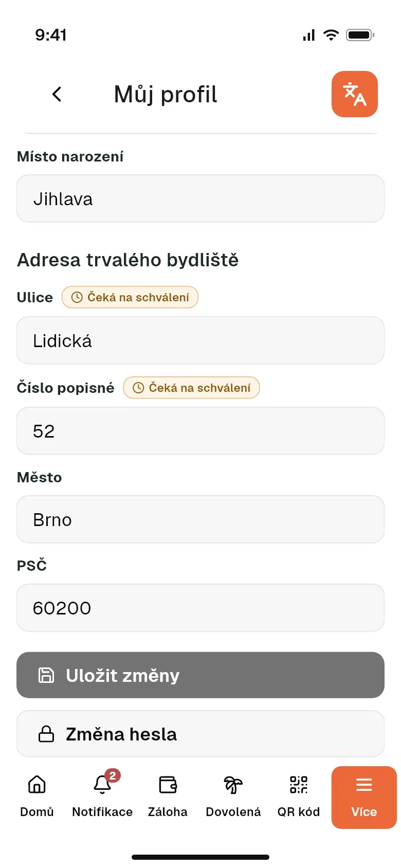 Profil zaměstnance se změnou adresy čekající na schválení