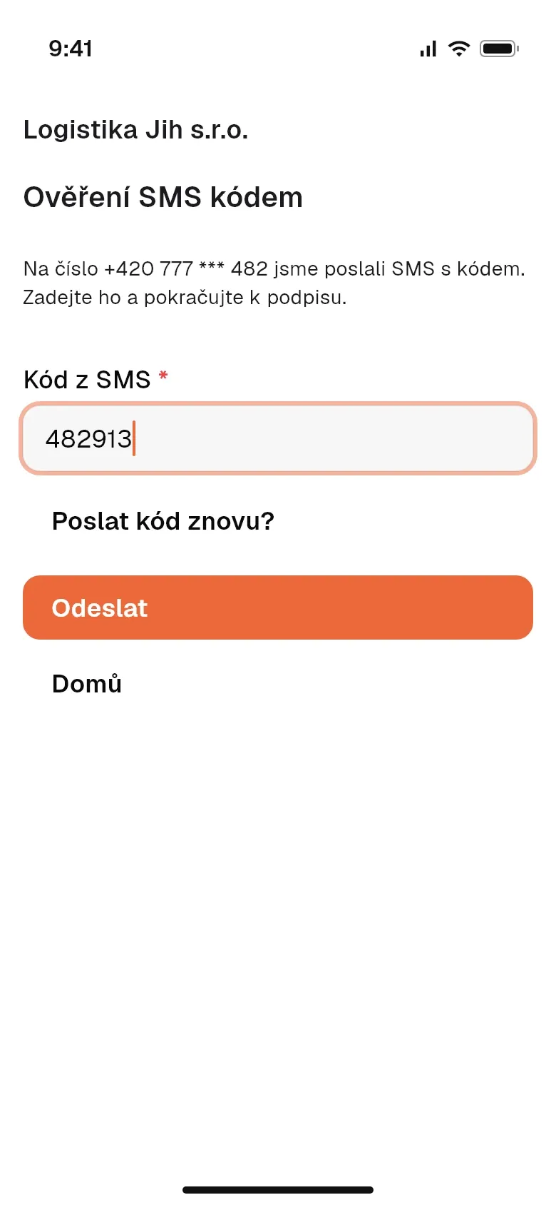 Zadání SMS kódu před podpisem dokumentu