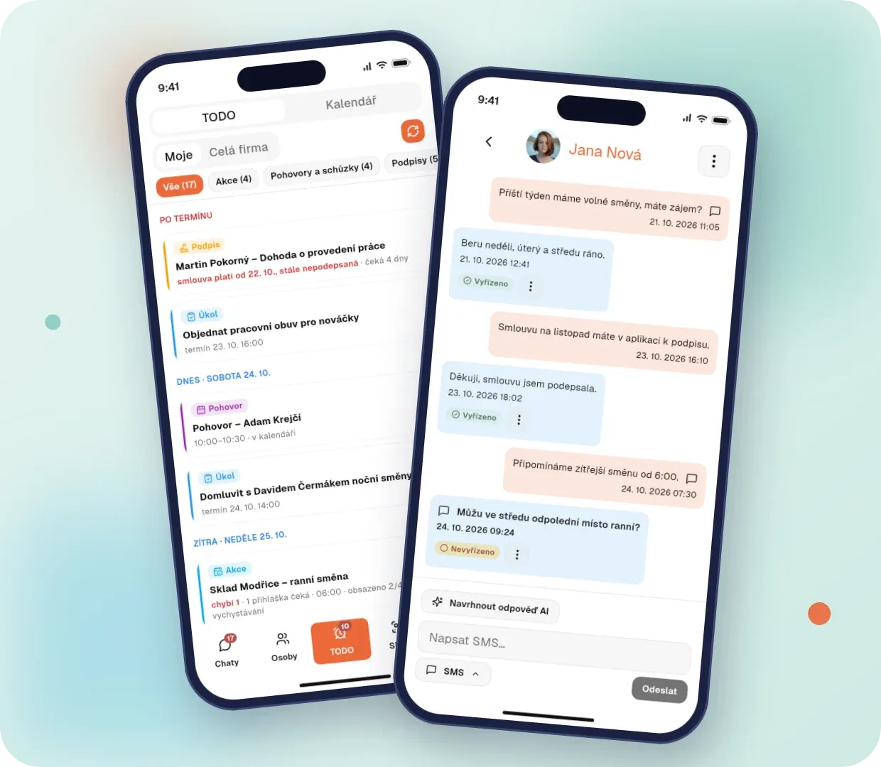 Resty ke schválení a konverzace s pracovníkem s návrhem odpovědi Stafio AI v mobilní aplikaci