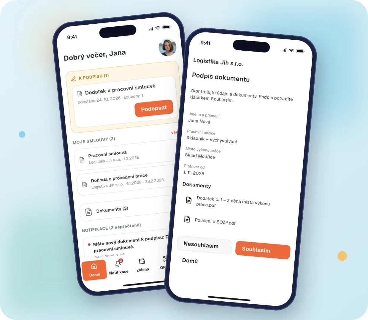 Dokument k podpisu a přehled smluv zaměstnance a podpis dodatku v mobilní aplikaci