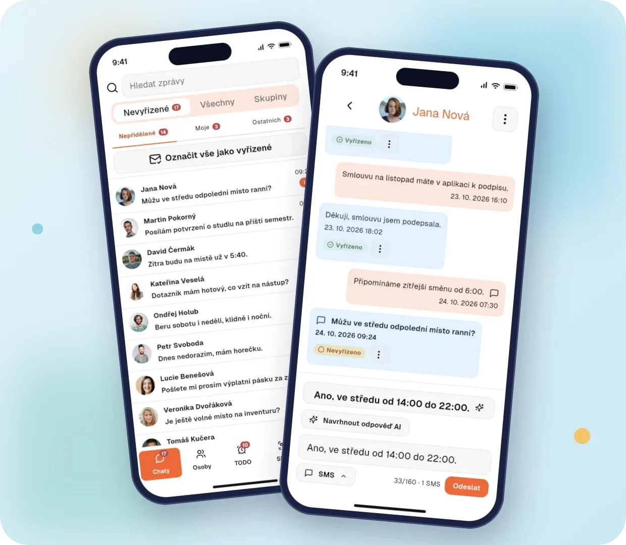 Přehled chatů s pracovníky a konverzace s návrhem odpovědi AI v mobilní aplikaci