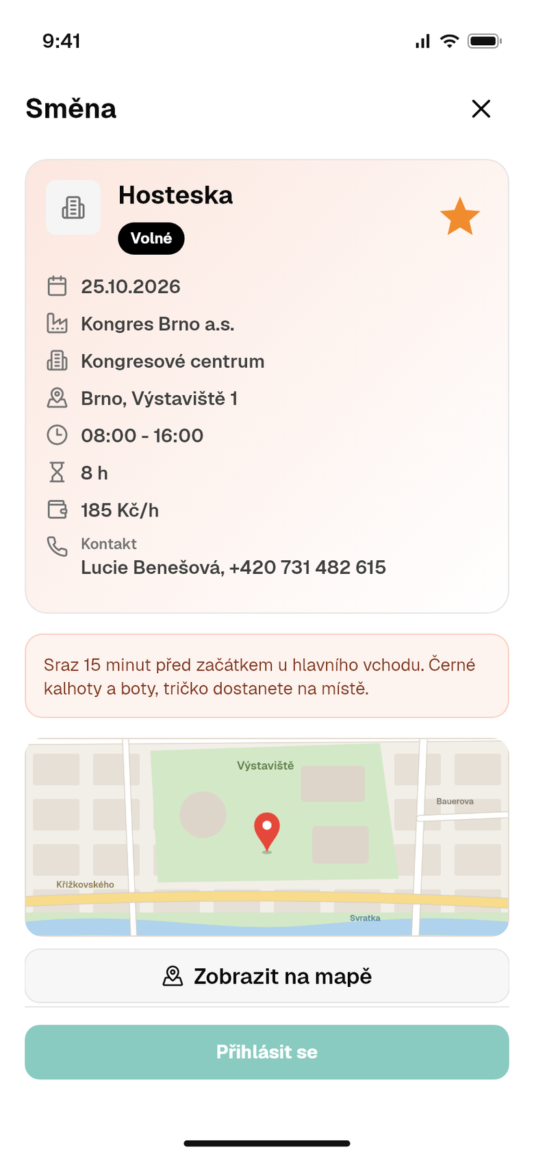 Detail směny v mobilní aplikaci Stafio s časem, místem, délkou a mapou