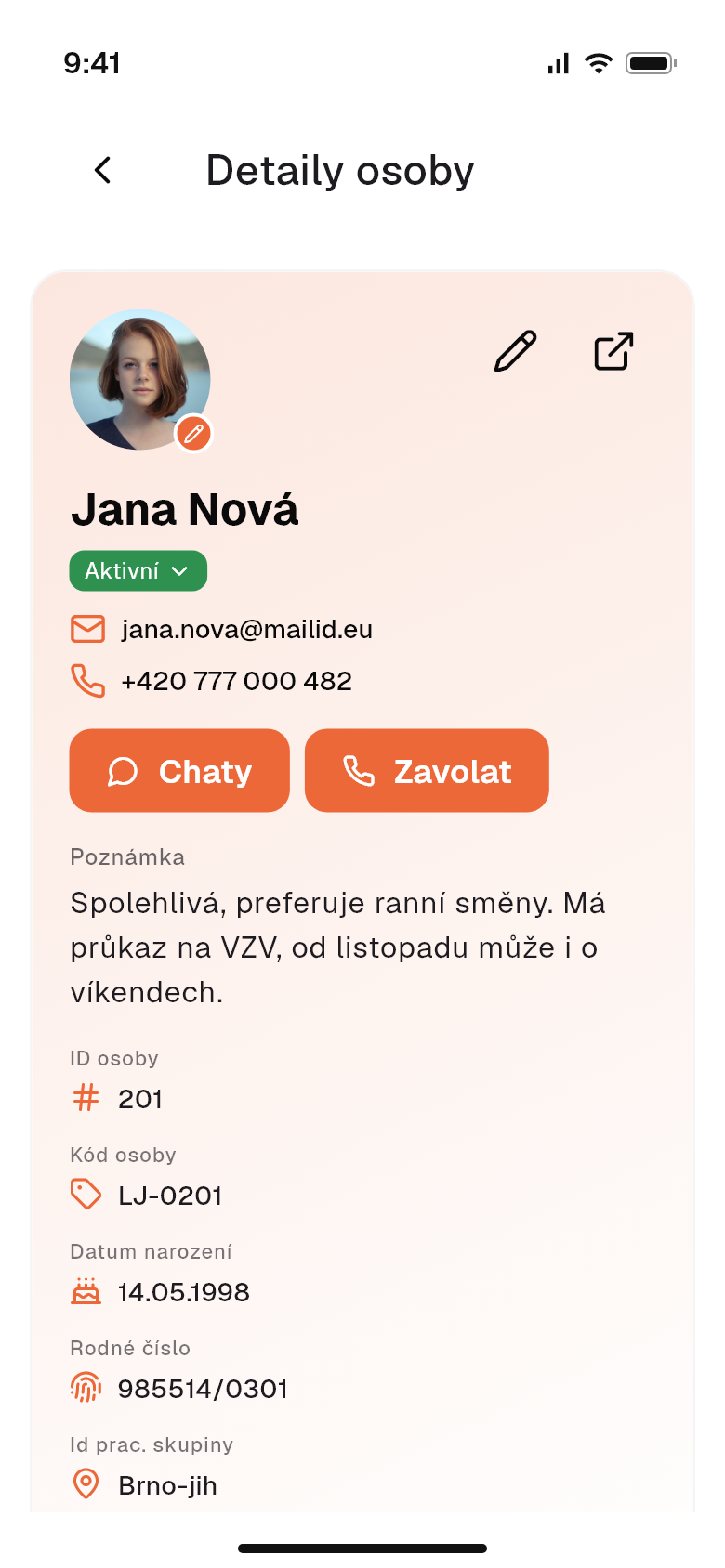 Profil pracovníka v mobilní aplikaci Stafio s kontaktními akcemi