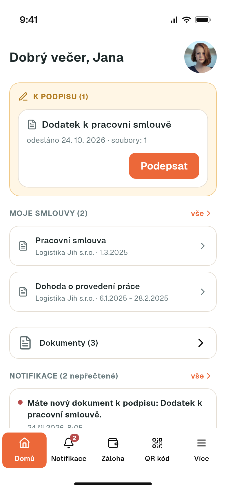 Mobilní aplikace Stafio s dokumentem čekajícím na podpis