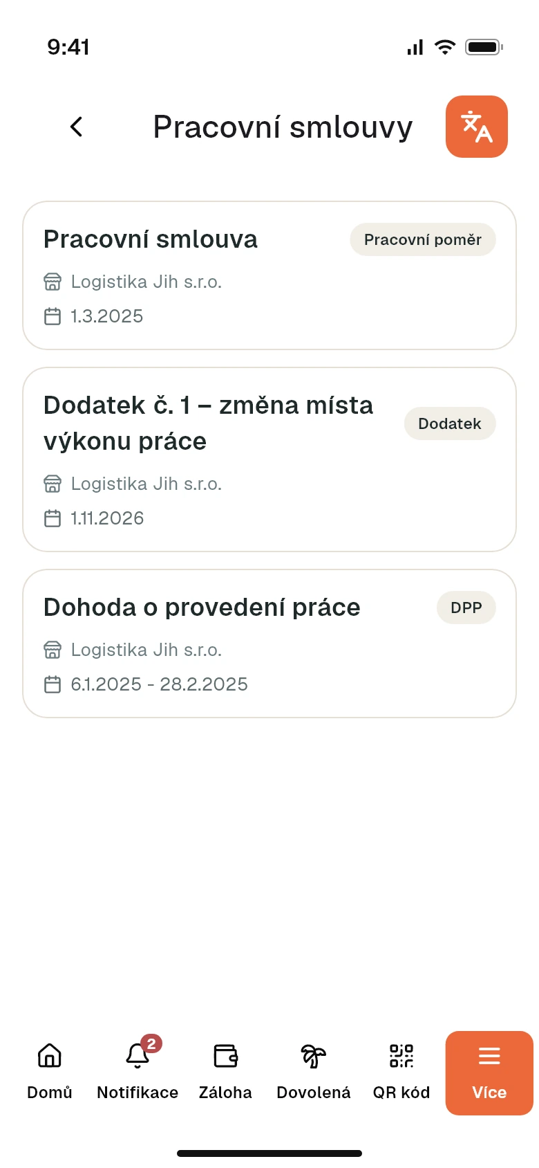 Seznam pracovních smluv pracovníka v mobilní aplikaci Stafio